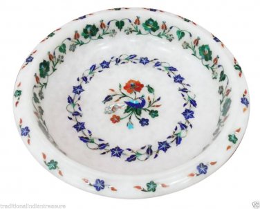 7" White Marble Dry Fruit Bowl Malachite Semi Precious Inlay Mosaic Home Decor