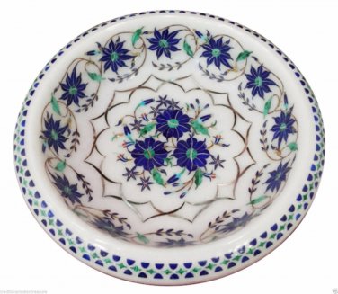 7" White Marble Dry Fruit Bowl Lapis Lazuli Inlay Marquetry Kitchen Table Decor