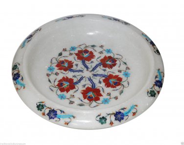 White Marble Dry Fruit Bowl Real Gemstone Mosaic Inlay Floral Table Decor Gifts