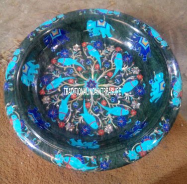 12" Marble Black Fruit Bowl Real Turquoius Marquetry Work Inlay Table Decor Gift