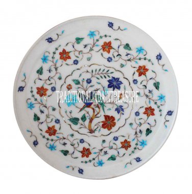10" White Marble Round Plate Rare Pietradure Inlay Mosaic Work Stone Art Decor