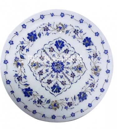 12" Marble Round Plate Lapis Inlay Gems Mosaic Arts Kitchen Slab Decor Gifts Art