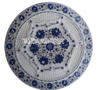 13" White Marble Plate Real Lapis Pietradura Inlay Grill Work Art Kitchen Decor