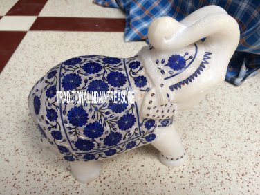 7'' White Marble Elephant Trunk Up Rare Lapis Floral Inlay Marquetry Decorative