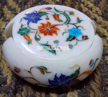 White Marble Coasters Set Rare Stone Marquetry Inlay Art Collectible Decor Gift