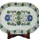 11"x16" White Marble Tray Pietra Dura Malachite Handmade Lapis Arts Mosaic Gifts