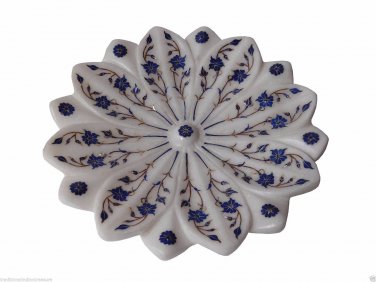 White Marble Fruit Bowl Real Lapis Lazuli Marquetry Floral Arts Inlay Home Decor