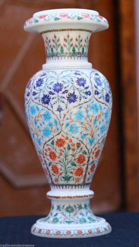 Antique White Marble Flower Pot Jar Semi Mosaic Pietradure Inlay Table Deco Gift