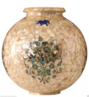 8" White Marble Flower Pot Real Abalone Stone Inlay Mosaic Table Deco Gifts Arts