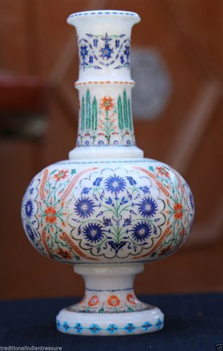 Antique White Marble Flower Jar Rare Semi Mosaic Inlay Marquetry Collectible Art