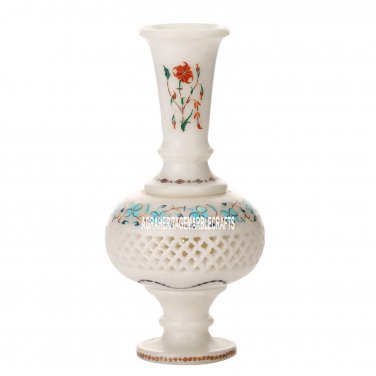 8"x4'' White Marble Flower Vase Gemstone Art Inlay Grill Art Semi Precious Decor