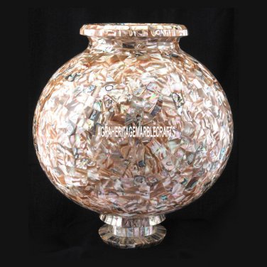 11'' Marble Abalone Stone Art Flower Pot Inlaid Pietradura Gifts Table Decor Art