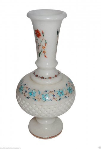 White Marble Flower Vase Pot Rare Mosaic Inlay Marquetry Gifts Collectible Arts