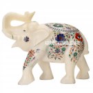 15''X8''X12'' White Marble Elephant Statue Marquetry Floral Inlay Decorative Art