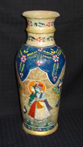 Marble Hand Painted Krishna Peacock Flower Vase Pot Design Collectible Home Art