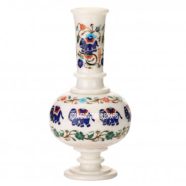 12"x5'' White Marble Flower Vase Elephant Floral Art Inlay Marquetry Decor Gifts