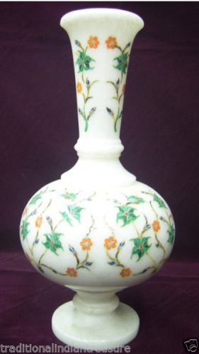 8" White Marble Flower Vase Pot Semi Precious Gemstone Marquetry Inlaid Decor