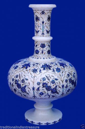 12" White Marble Flower Vase Lapis Lazuli Inlay Marquetry Art Table Decor Gifts