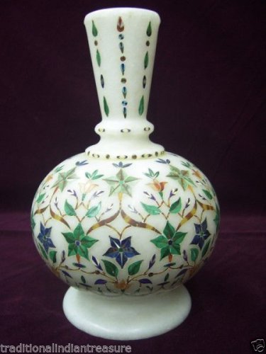 10" White Marble Flower Vase Pot Malachite Inlay Mosaic Style Table Decor Gifts