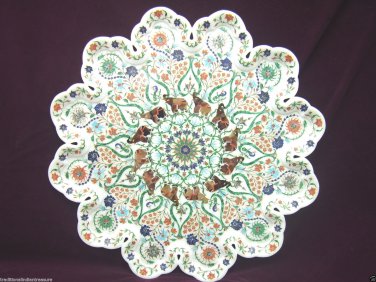 18" White Marble Plate Elephant Real Stones Inlaid Peacock Fine Occasion Gift