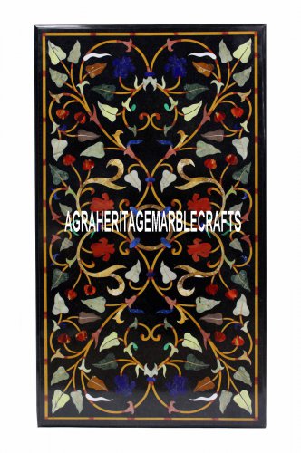 4'x2' Black Marble Dining Table Semi Precious Inlay Floral Arts Christmas Decor