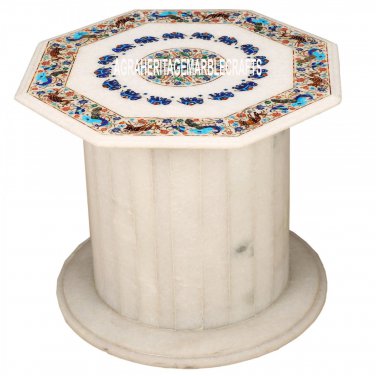 22'' Marble Top Side Table With Stand Elephant Arts Inlay Garden Outdoor Mosaic