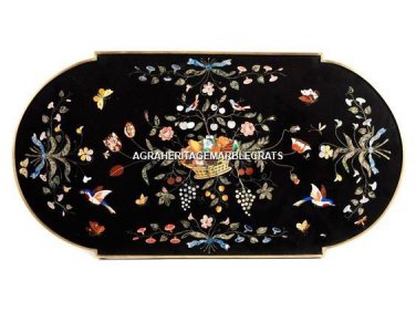 6'x3' Black Outdoor Marble Table Fruits Bird Art Inlay Mosaic Decor Patio H5285C