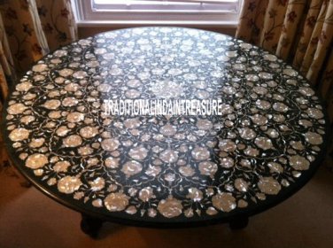 36'' Black Marble Dining Table Inlay Mother of Pearl Stones Living Room Decor