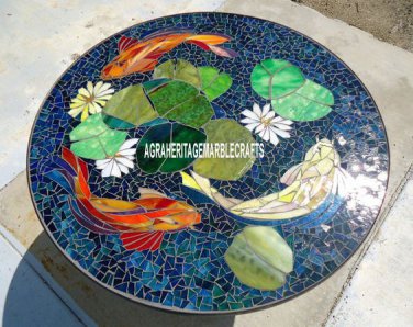 48" Black Marble Top Dining Table Fish Mosaic Art Lapis Inlay Garden Decor H4028