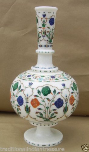 11" White Marble Flower Vase Multi Inlay Gemstone Mosaic Home Table Decor Gifts