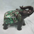 6" Black Marble Elephant Statue Malachite Inlay Pietradure Floral Art Home Gifts