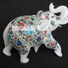 8'' White Marble Elephant Trunk Up Marquetry Work Rare Stone Inlay Decor Arts