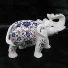 6.5" White Marble Elephant Statue Trunk Up Lapis Inlay Floral Arts Decor Gift