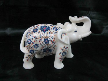 6.5" White Marble Elephant Statue Trunk Up Lapis Inlay Floral Arts Decor Gift