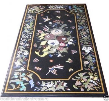 4'x2' Black Marble Coffee Dining Table Top Rare Gems Marquetry Home Art Decor