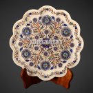 12" White Marble Serving Dish Plate Lapis Floral Marquetry Inlaid Decor H4047