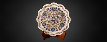 12" White Marble Serving Dish Plate Lapis Floral Marquetry Inlaid Decor H4047