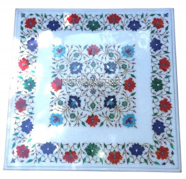 24"x24" White Marble Coffee Table Top Marquetry Lapis Inlay Beautiful Love Decor