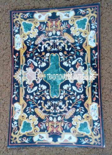 4'x3' Black Marble Decorative Marquetry Dining Table Mosaic Inlay Pietradure