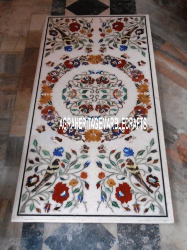 4'x2' White Dining Marble Table Top Semi Precious Inlay Pietradure Mosaic Decor
