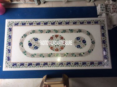 4'x2' White Marble Dining Table With Stand Malachite Inlay Special Gifts Decor