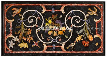 2.5'x5' Black Marble Dining Table Top Rare Semi Precious Inlay Marquetry Decor