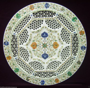 White Marble Serving Tray Plate Rare Stone Mosaic Inlay Lattice Work Home Decor