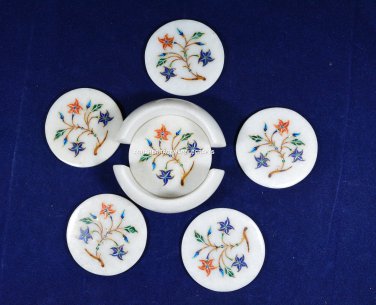 Round Multi Precious Marble Tea Coasters Set Fine Art Mosaic Inlaid Decor H5563