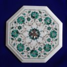 12"  White Marble Coffee Table Top Gift Malachite Inlaid Marquetry Floral Decor