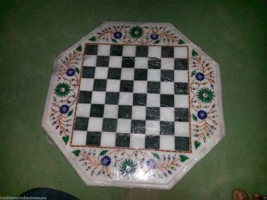 24" Marble Coffee Table Top Chess Design Mosaic Inlaid Malachite Handmade Art