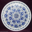 White Marble Round Serving Plate Lapis Gemstone Inlay Marquetry Art Table Decor