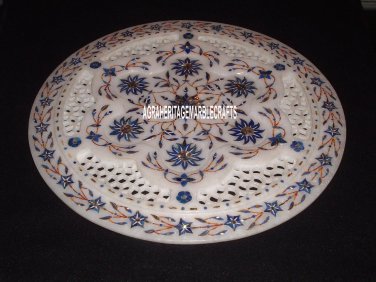 12" Lattice Marble Design Beautiful Plate Inlay Lapis Floral Dinner Decor H4052