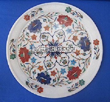12" Marble White Dish Plate Multi Floral Inlay Arts Occasional Home Decor H4053