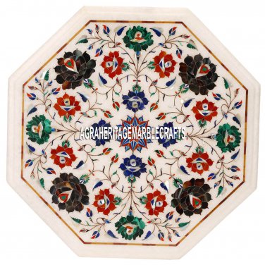 16'' White Table Top Multi Floral Inlay Furniture Arts Marquetry Gemstone Decor